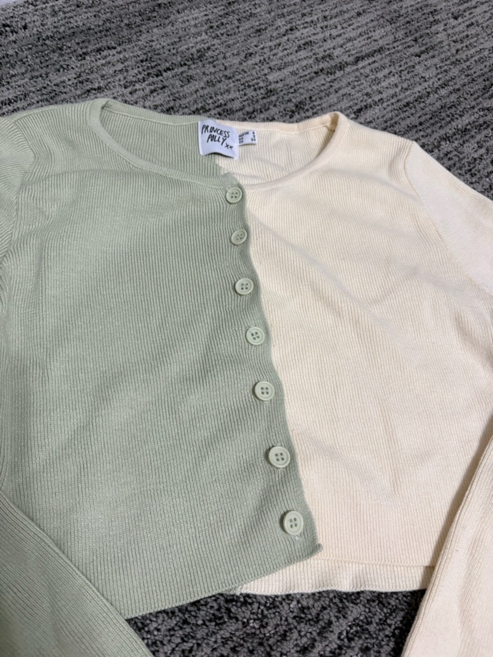 Princess Polly Two-Tone Cropped Knit Cardigan in Sage & Cream - Picture 3 of 6